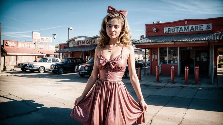 (blonde:1.2) woman, 50's 1950's rockabilly swing ballerina pinup model, 50's bobby pinned wavy greased hair toupee hairspray, (holding dress with hands:1.3), gas station, 50's cafe, next to a shiny Rustic Red(car:1.2), (motorcycle:1.2), venice beach landscape, 50's swing dance, short open black leather rockabilly jacket, 50's rockabilly white halter swing short dress, 8k, extremely detailed raw photo, fine art photography, Fujifilm XT-4 Viltrox, medium wide shot portrait, (standing), necklace, ((red) bow with white polka dots)), red heart shaped earrings, lipstick, ((legs)), blush cheeks makeup, best quality, hdr, high contrast, cinematic lut, (sharp focus), (extremely detailed skin texture pores, skin hair, film grain),  shadows, bright sunny sky, masterpiece best quality,  (pretty, beautiful, lovely, very happy smile, feminine, cute, sexy, sweet, cheerful, in love:0.5), (romantic, loving, adorable, nice, tender, chic:0.3), <lora:Detail Tweaker LoRA add_detail:0.7>  <lora:depth_of_field_slider_v1:5> <lora:SDXLrender_v2.0:0.8>