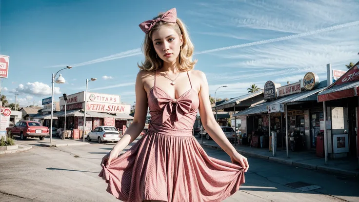 (blonde:1.2) woman, 50's 1950's rockabilly swing ballerina pinup model, 50's bobby pinned wavy greased hair toupee hairspray, (holding dress with hands:1.3), gas station, 50's cafe, next to a shiny Dark Green(car:1.2), (motorcycle:1.2), venice beach landscape, 50's swing dance, short open black leather rockabilly jacket, 50's rockabilly white halter swing short dress, 8k, extremely detailed raw photo, fine art photography, Fujifilm XT-4 Viltrox, medium wide shot portrait, (standing), necklace, ((red) bow with white polka dots)), red heart shaped earrings, lipstick, ((legs)), blush cheeks makeup, best quality, hdr, high contrast, cinematic lut, (sharp focus), (extremely detailed skin texture pores, skin hair, film grain), shadows, bright sunny sky, masterpiece best quality, (pretty, beautiful, lovely, very happy smile, feminine, cute, sexy, sweet, cheerful, in love:0.5), (romantic, loving, adorable, nice, tender, chic:0.3), <lora:Detail Tweaker LoRA add_detail:0.7> <lora:depth_of_field_slider_v1:5> <lora:SDXLrender_v2.0:0.8>