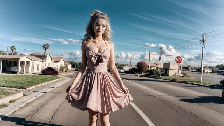 (blonde:1.2) woman, 50's 1950's rockabilly swing ballerina pinup model, 50's bobby pinned wavy greased hair toupee hairspray, (holding dress with hands:1.3), gas station, 50's cafe, next to a shiny Road Sign Blue(car:1.2), (motorcycle:1.2), venice beach landscape, 50's swing dance, short open black leather rockabilly jacket, 50's rockabilly white halter swing short dress, 8k, extremely detailed raw photo, fine art photography, Fujifilm XT-4 Viltrox, medium wide shot portrait, (standing), necklace, ((red) bow with white polka dots)), red heart shaped earrings, lipstick, ((legs)), blush cheeks makeup, best quality, hdr, high contrast, cinematic lut, (sharp focus), (extremely detailed skin texture pores, skin hair, film grain), shadows, bright sunny sky, masterpiece best quality, (pretty, beautiful, lovely, very happy smile, feminine, cute, sexy, sweet, cheerful, in love:0.5), (romantic, loving, adorable, nice, tender, chic:0.3), <lora:Detail Tweaker LoRA add_detail:0.7> <lora:depth_of_field_slider_v1:5> <lora:SDXLrender_v2.0:0.8>