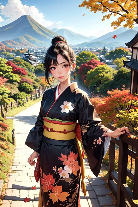 official art, beautiful woman, kyoto, paint kimono, black hair, topknot, flower Japanese hairpin, cowboy shot, outdoors, Autumn, colored leaves, autumn leaves, fallen leaves, flower fields, paths, mountains changing colors in the distance