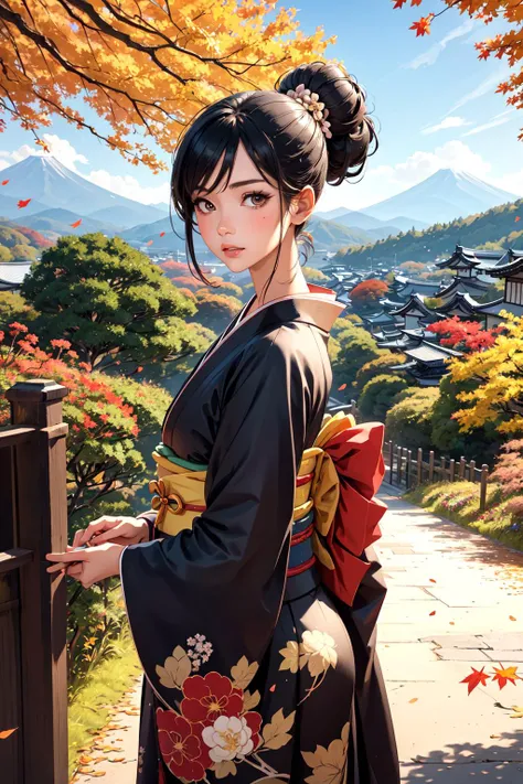 official art, beautiful woman, kyoto, paint kimono, black hair, topknot, flower Japanese hairpin, cowboy shot, outdoors, Autumn, colored leaves, autumn leaves, fallen leaves, flower fields, paths, mountains changing colors in the distance