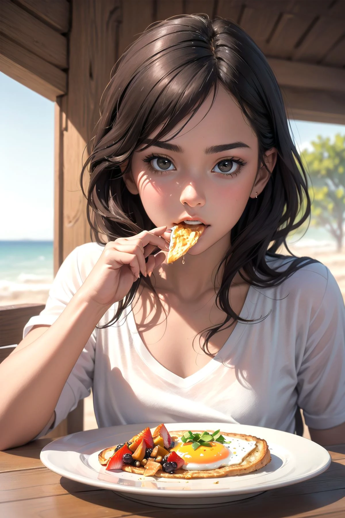 ultra-detailed, realistic, photographic quality, stunning artwork of a perfectly beautiful girl eating breakfast