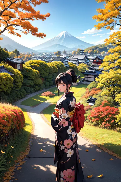 official art, beautiful woman, kyoto, paint kimono, black hair, topknot, flower Japanese hairpin, cowboy shot, outdoors, Autumn, colored leaves, autumn leaves, fallen leaves, flower fields, paths, mountains changing colors in the distance