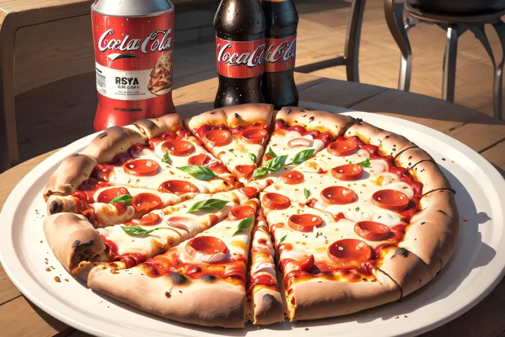 Very realistic photo, pizza and cola on the table, close up, wonderful artwork