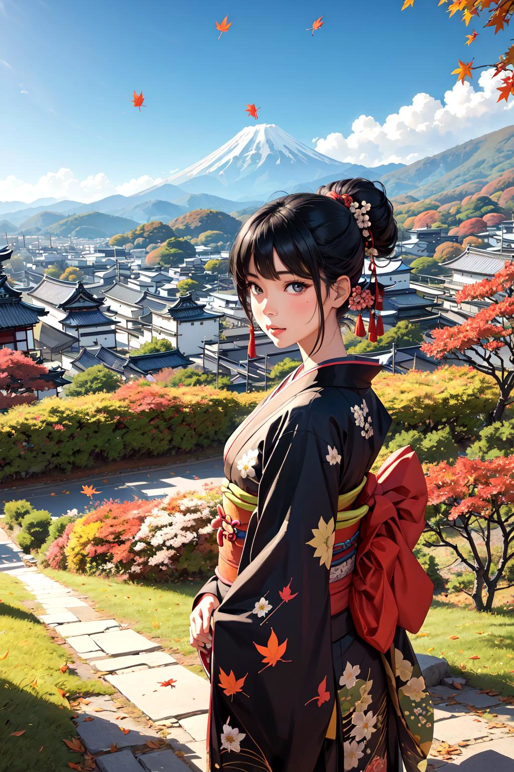 official art, beautiful woman, kyoto, paint kimono, black hair, topknot, flower Japanese hairpin, cowboy shot, outdoors, Autumn, colored leaves, autumn leaves, fallen leaves, flower fields, paths, mountains changing colors in the distance