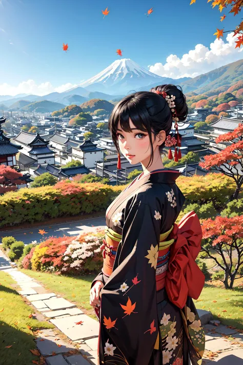 official art, beautiful woman, kyoto, paint kimono, black hair, topknot, flower Japanese hairpin, cowboy shot, outdoors, Autumn, colored leaves, autumn leaves, fallen leaves, flower fields, paths, mountains changing colors in the distance