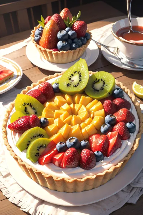 Very realistic photo, fruit tart with many types of fruit on the table, close up, wonderful artwork