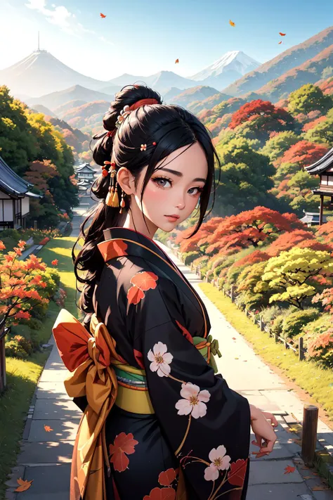 official art, beautiful woman, kyoto, paint kimono, black hair, topknot, flower Japanese hairpin, cowboy shot, outdoors, Autumn, colored leaves, autumn leaves, fallen leaves, flower fields, paths, mountains changing colors in the distance