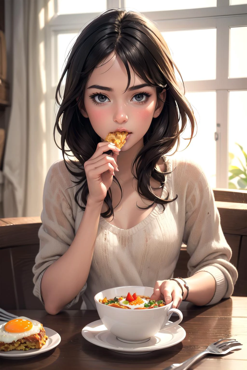 ultra-detailed, realistic, photographic quality, stunning artwork of a perfectly beautiful girl eating breakfast