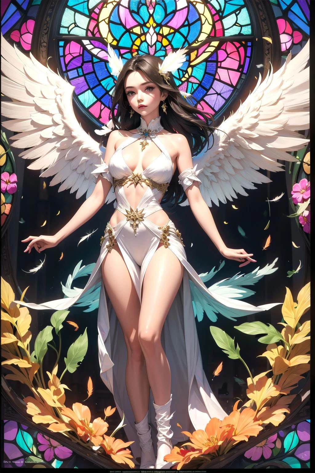 Beautiful woman, angel who descended, stained glass, angel wings, fluttering feathers, floating feathers, kaleidoscope