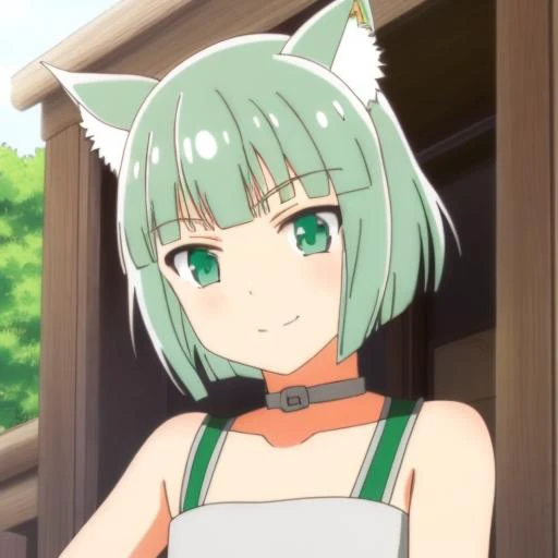 shironeko, ((shironeko)), 1girl, solo, green eyes, green hair, smile, short hair, animal ears, jewelry, closed mouth, small body <lora:Shironeko:0.8>