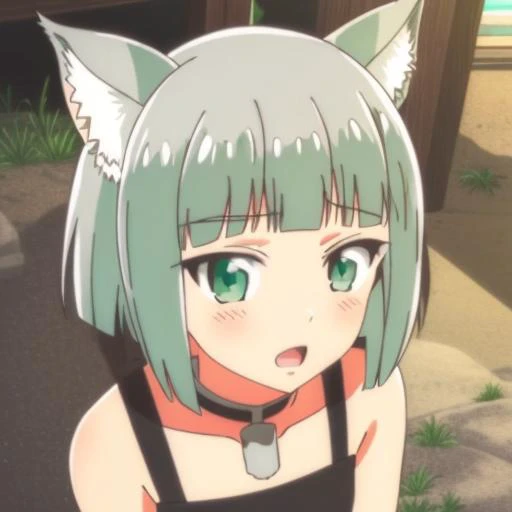 shironeko, ((shironeko)), 1girl, solo, green eyes, green hair, short hair, animal ears, jewelry, open mouth, small body <lora:Shironeko:0.9>