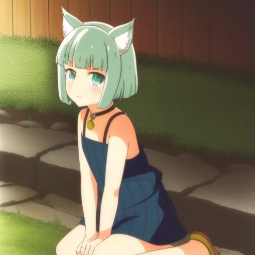 shironeko, ((shironeko)), 1girl, solo, green eyes, green hair, short hair, animal ears, jewelry, kneeling, small body <lora:Shironeko:0.8>