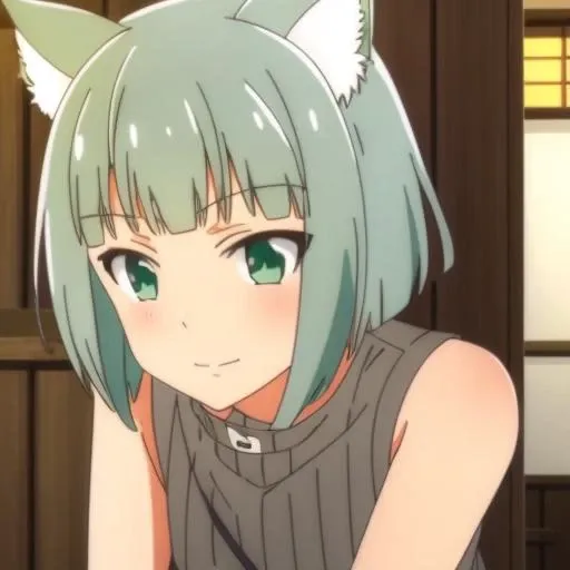 shironeko, ((shironeko)), 1girl, solo, green eyes, green hair, smile, short hair, animal ears, jewelry, closed mouth, small body <lora:Shironeko:0.8>