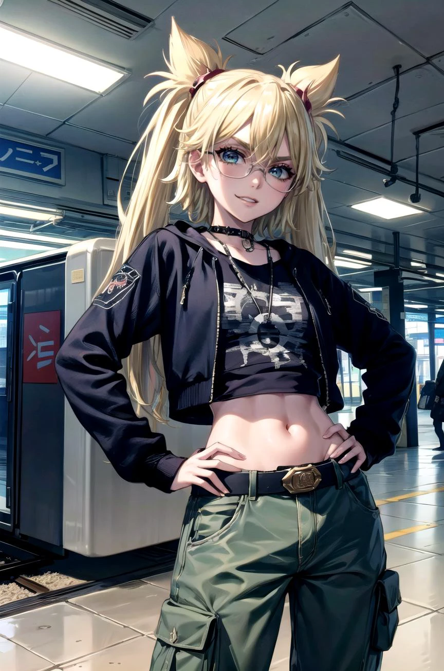 (masterpiece, best quality, detailed), 1girl, solo, looking at viewer, ninny, twintails, blonde,
<lora:edgGrungeFreestyle:1>, (edgGrunge, wearing edgGrunge fashion:1.1), hands on hips, cargo pants, sunglasses, indoors, train station, people, scenery, <lora:midfinger-left-v2-wasabiya:1>, middle finger, evil smile