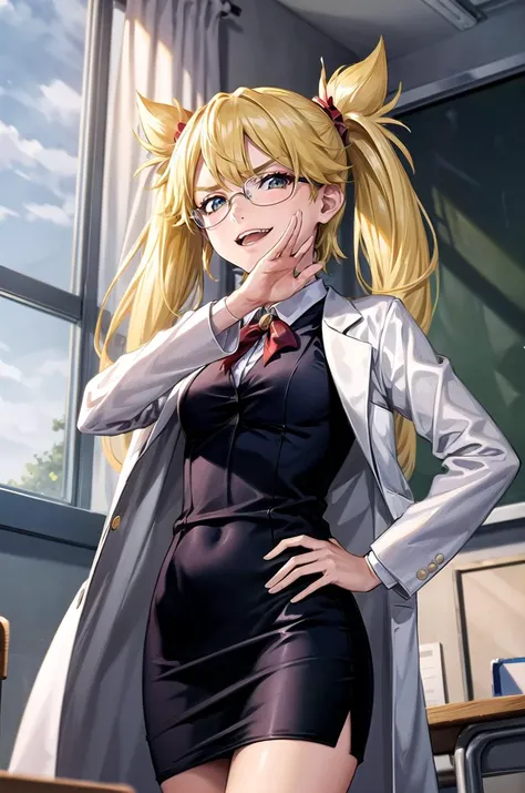 (masterpiece, best quality, detailed), 1girl, solo, looking at viewer, ninny, twintails, blonde,
scientist, labcoat, glasses, collared shirt, pencil skirt, indoors, classroom, school desk, window, school chair, curtains, chalkboard, <lora:OjouSamaPose:1>, ojou-sama pose, laughing, hand on hip, naughty face, smug,
