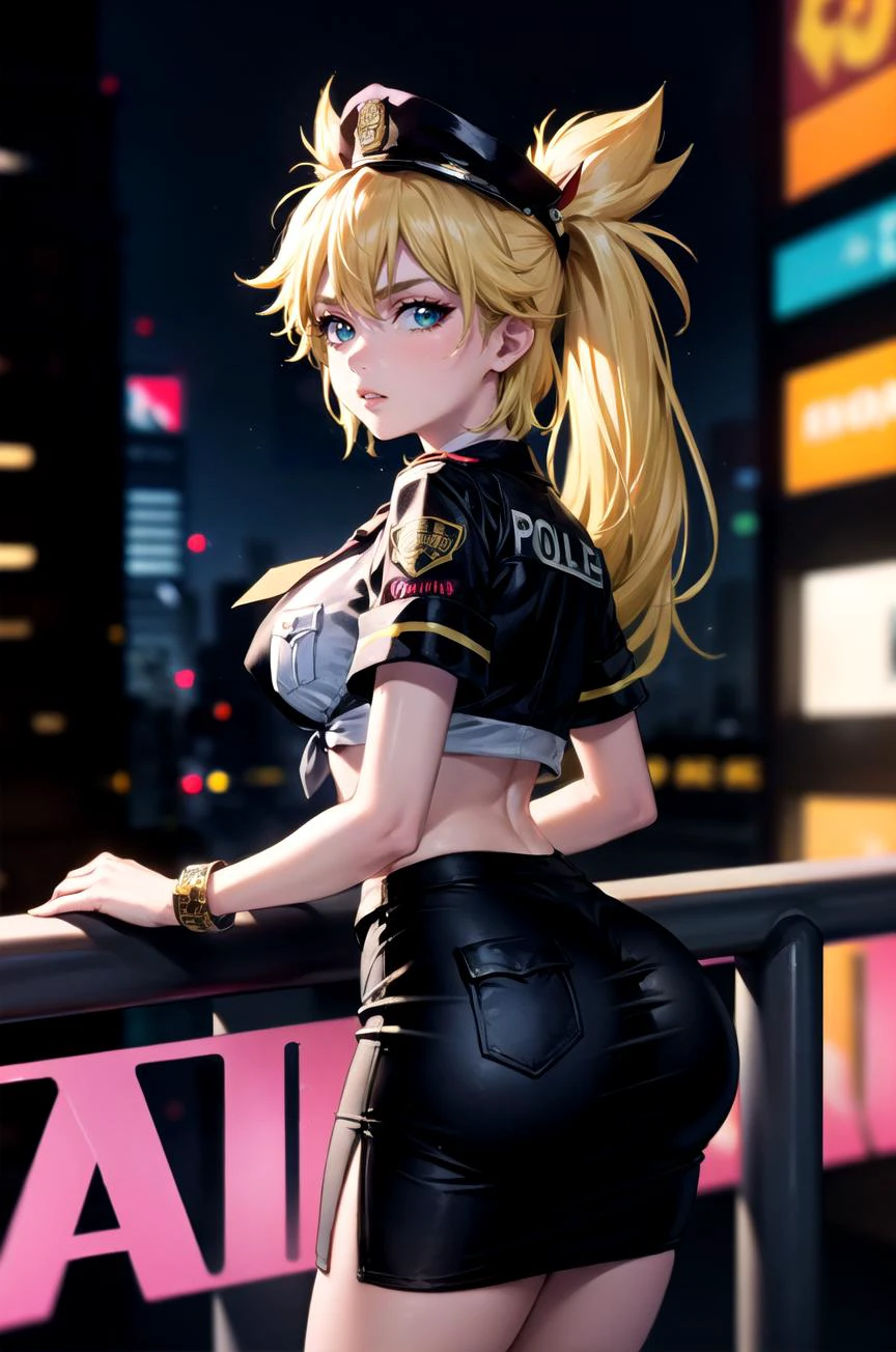 (masterpiece, best quality, detailed), 1girl, solo, looking at viewer, ninny, twintails, blonde,
policewoman, police uniform, police hat, necktie, pencil skirt, armband, breast pocket, outdoors, cyberpunk, city, night, city lights, neon lights, graffiti, <lora:ass_support_object_v0.2:1.5>, ass support, railing, parted lips