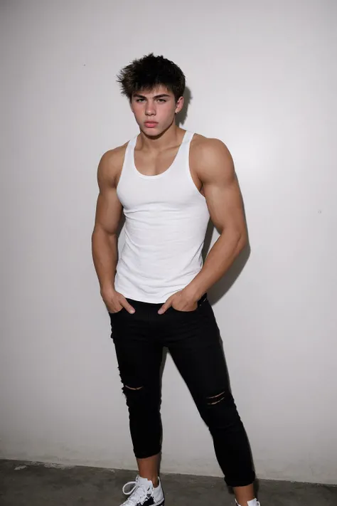 <lora:Wet_Mop_hairstyle:1> full body, photo of a muscular handsome 19-year-old male wearing a tank top and black jeans, wearing Converse sneakers, white wall background, harsh shadows, Terry Richardson style, wet mop hairstyle
