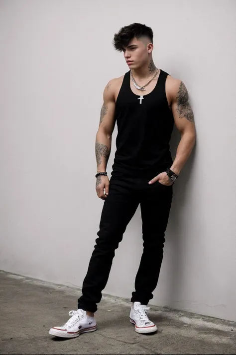 (looking to the side) <lora:Wet_Mop_hairstyle:1> full body, photo of a muscular handsome 19-year-old male wearing a tank top and black jeans, wearing Converse sneakers, white wall background, harsh shadows, Terry Richardson style, wet mop hairstyle, necklace, arm tattoo,
