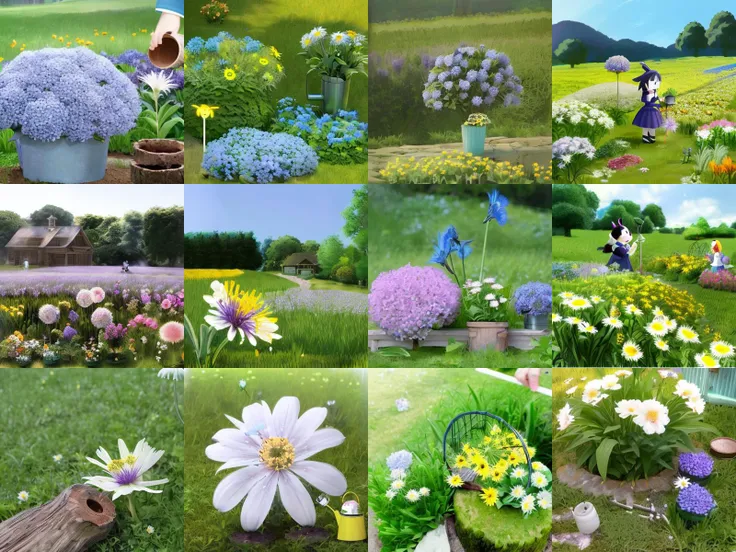 blue_flower, bunny, bush, daisy, dandelion, day, field, fireflies, flower, flower_field, full_body, garden, grass, green_background, holding_flower, hydrangea, leaf, nature, no_humans, on_grass, outdoors, palm_tree, plant, pokemon_\(creature\), potted_plant, purple_flower, smile, spider_lily, tree, tree_stump, tulip, watering_can, white_flower
