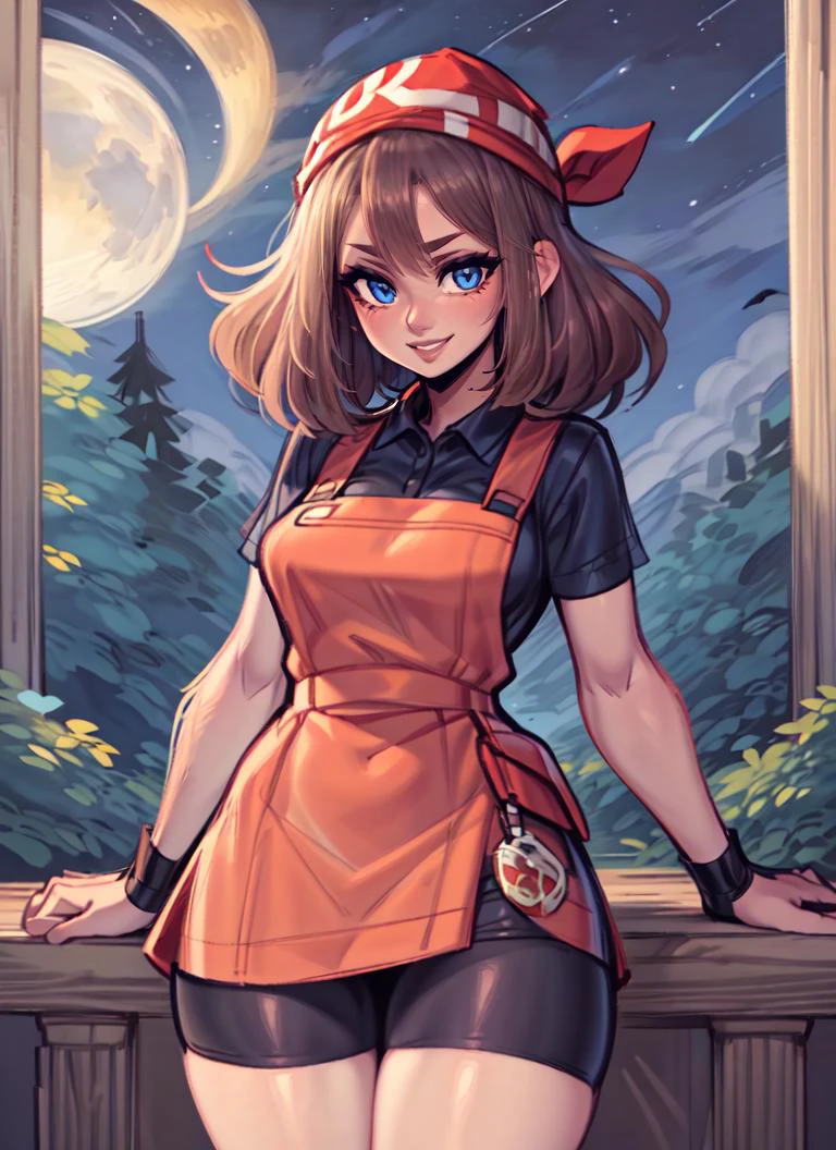 ((best quality)), ((highly detailed)), , (1girl), close-up, dynamic pose, cowboy shot, (((very wide shot))), ((pinafore dress, <lora:EraseGroinSkirt:1>)), <lora:hairdetailer:.8>, <lora:may_pokemonGoofyAI:.9>, may pokemon, brown hair, medium hair, blue eyes, medium breasts, smiling, red bandana, red shirt, collared shirt, short sleeves, bike shorts, bodysuit, chunky sneakers, fanny pack, (outside, in a swamp, midnight, night sky, stars, blue moon), <lora:HotDog2:1>, flat_HD2_style