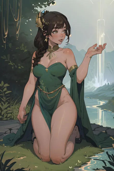 (masterpiece, best_quality, ultra-detailed, immaculate:1.3), epic, illustration, 1girl, (unique Cult Party Kei:1.3) cute catgirl, full body, [:intricate costume design,:0.2], official art, caucasian, soft glowing sea green lighting , on top of a well-lit, infernal hill, bombshell hair, brown hair, Double Waterfall Braid, on one knee<lora:EnvyBeautyMix37:1>