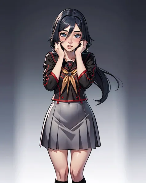1girl, solo, full body best quality, high detail, high quality , <lora:Char_yandere-RyobaAishi:0.8> RyobaAishi,black serafuku, grey skirt <lora:Pose_YandereTrance:1> yandere trance, yandere, hands on own face,hands on own cheeks