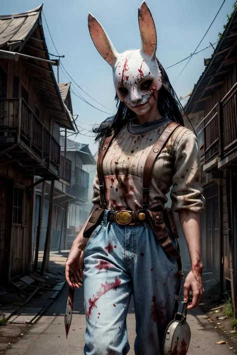 (masterpiece, best quality) <lora:epi_noiseoffset2:1> <lora:add_detail:0.7> <lora:HuntressDBD:0.8>
HuntressDBD, 1girl, solo, looking at viewer, simple background, shirt, standing, short sleeves, cowboy shot, belt, pants, black eyes, blood, mask, suspenders, pouch, striped shirt, blood on clothes, belt pouch