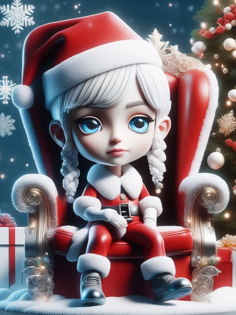 masterpiece, best quality, ultra-detailed,
1woman, chibi, modern pageboy haircut with bangs, blue eyes, white hair, red santa costume, white stockings,
christmas décor, 1christmas tree, sitting in wingback leather chair, decorative items are placed on the shelves in the background,
beautiful detailed face, beautiful detailed eyes , lowbrow_lora in the style of <lora:lowbrow_lora:.8>, <lora:SDXLFestiveSnow:0.8> SnowStyle