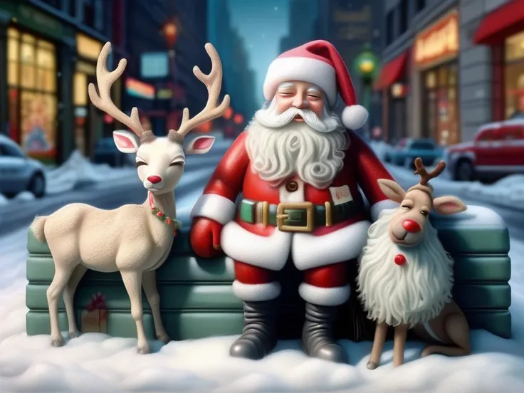 Homeless Drunk Santa Claus sleeping rough on the street with drunk Rudolph the red-nosed reindeer after the Macy's parade, in the Mark Ryden style <lora:Mark Ryden Style:1>, <lora:SDXLFestiveSnow:0.6> SnowStyle