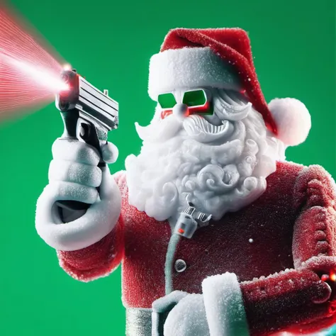 a robot santa claus holding a gun and shooting a laser at a person in a suit with a red hat, green background, SnowStyle, <lora:SDXLFestiveSnow:0.8>