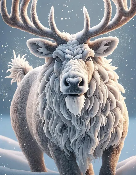 A powerful snowstyle raging reindeer, angry expression, its eyes ablaze, nostrils flaring, mouth open, close-up, charges towards the viewer through a blizzard-filled landscape, fur whipped by the wind as it runs, creating an impressive display of snow flying around its fury form, highly detailed eyes, style of Wlop and Greg Rutkowski and Guweiz, <lora:SDXLFestiveSnow:1>