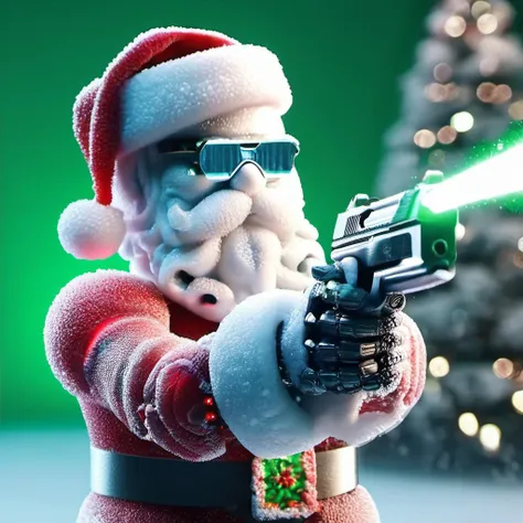a robot santa claus holding a gun and shooting a laser at a person in a suit with a red hat, green background, SnowStyle, <lora:SDXLFestiveSnow:0.8>