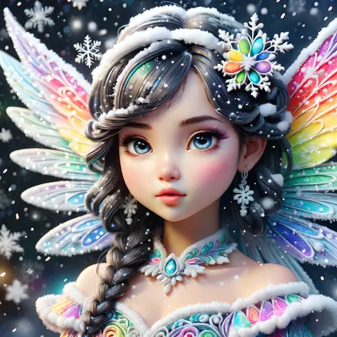 colored pencil drawing rainbow colored,Beautiful New Year background,winter patterns on the sides,a hyper detailed close up head and shoulders,portrait of a chibi fairy girl with dark hair in the center,glittering wings,wearing a snow dress,complex composition,illustration,drawing art,Watercolor,trending on artstation,glowing particle effect,sharp focus,studio photo,by greg rutkowski,<lora:more_details:0.8>,SnowStyle,<lora:SDXLFestiveSnow:0.5>,