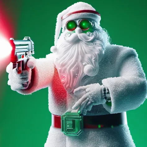 a robot santa claus holding a gun and shooting a laser at a person in a suit with a red hat, green background, SnowStyle, <lora:SDXLFestiveSnow:0.8>