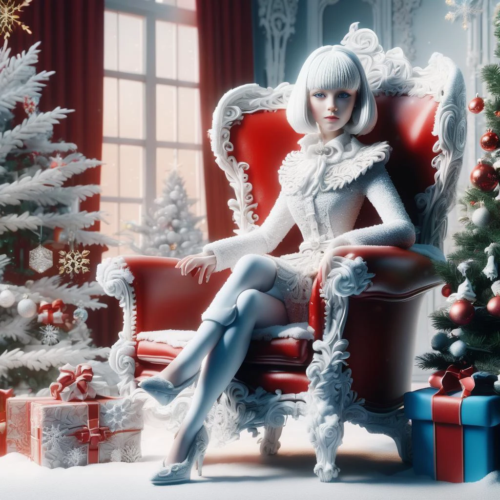 masterpiece, best quality, very-detailed, Rococo period style,
1woman, chibi, modern pageboy haircut with bangs, blue eyes, white hair, red Santa costume, white stockings,
Christmas décor, 1christmas tree, sitting in wingback leather chair, decorative items are placed on the shelves in the background,
beautiful detailed face, beautiful detailed eyes , lowbrow_lora in the style of <lora:lowbrow_lora:0.75>, <lora:SDXLFestiveSnow:0.8> SnowStyle
