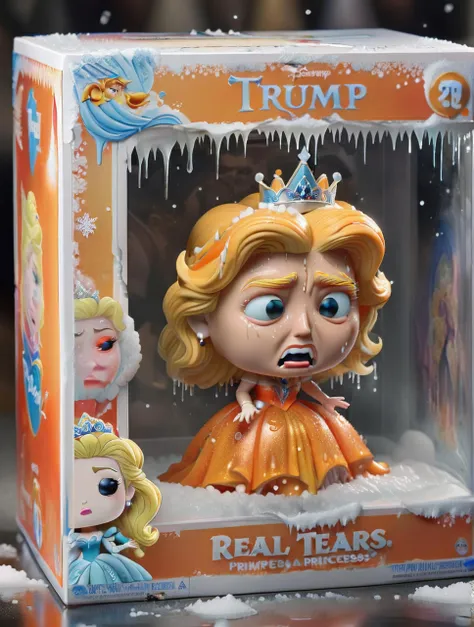 Funko Pop,( trump:1.1) as a disney princess, crying, (logo that says "REAL TEARS":1.1) <lora:SDXLFestiveSnow:0.6> SnowStyle <lora:Funko_Pop_SDXL:0.6> <lora:texta:0.7>, orange