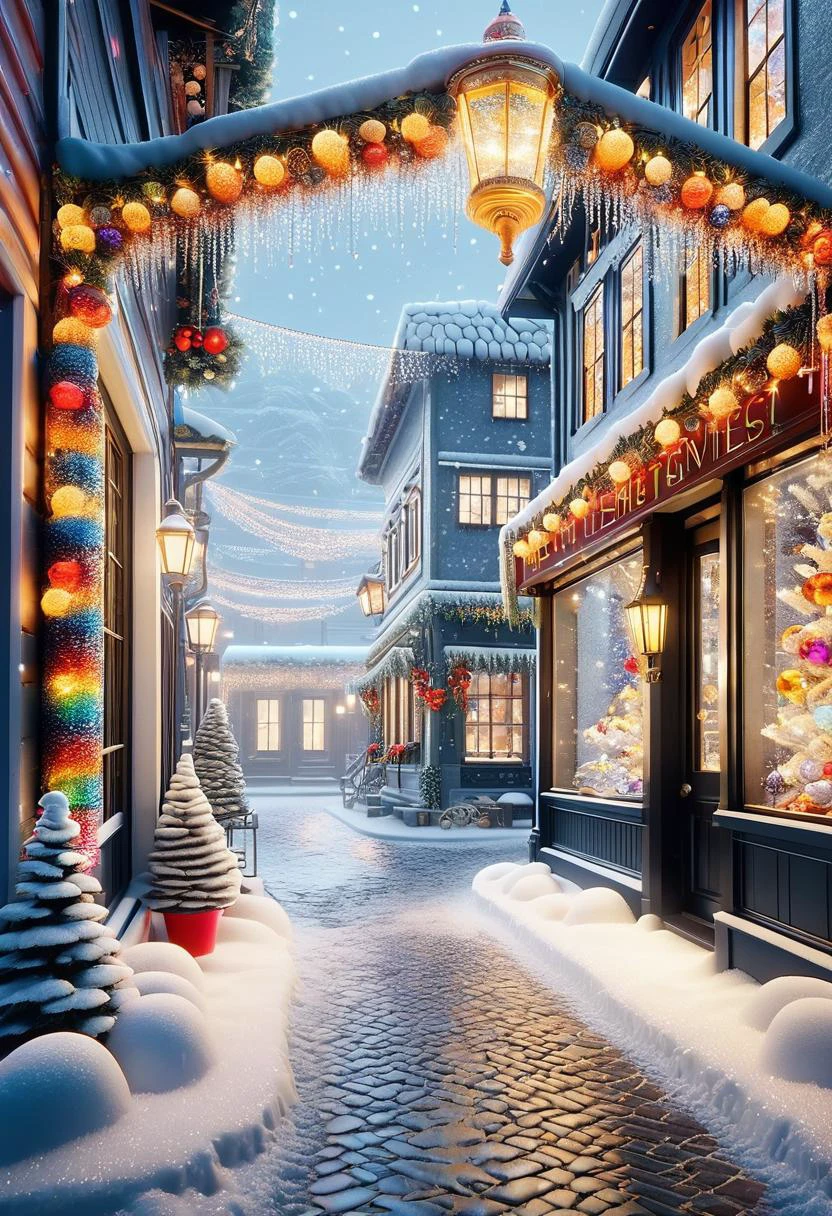 The detailed village glows with warm golden light from colorful Extravagance Christmas Lights hung along detailed cobblestone streets, reflecting off freshly fallen snow creating a surreal wintry fairytale atmosphere,Store front, frosty glass, Sharp and in focus,8k, Moody lighting, (art by Huang Guangjian:0.8) and (Marc Davis:0.8), Friarmoody lighting,Bloom light,studio lighting,Moody lighting masterwork Redshift render, <lora:SDXLFestiveSnow:0.8>, snow mode,snowing,
