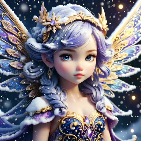 colored pencil drawing dark blue and purple and gold,Beautiful New Year background,winter patterns on the sides,a hyper detailed close up head and shoulders,portrait of a chibi fairy girl in the center,glittering wings,wearing a snow dress,complex composition,illustration,drawing art,Watercolor,trending on artstation,glowing particle effect,sharp focus,studio photo,by greg rutkowski,<lora:more_details:0.8>,SnowStyle,<lora:SDXLFestiveSnow:0.5>,