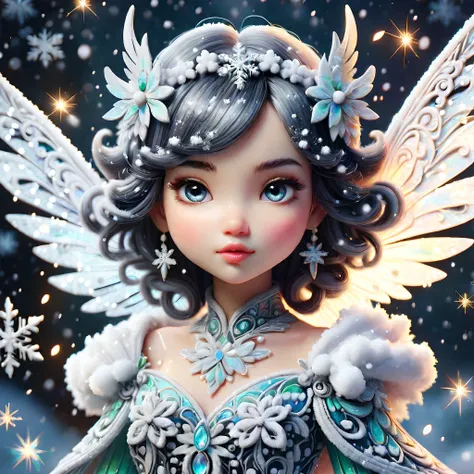colored pencil drawing Beautiful New Year background,winter patterns on the sides,a hyper detailed close up head and shoulders,portrait of a chibi fairy girl with dark hair in the center,glittering wings,wearing a snow dress,complex composition,illustration,drawing art,Watercolor,trending on artstation,glowing particle effect,sharp focus,studio photo,by greg rutkowski,<lora:more_details:0.8>,SnowStyle,<lora:SDXLFestiveSnow:0.5>,