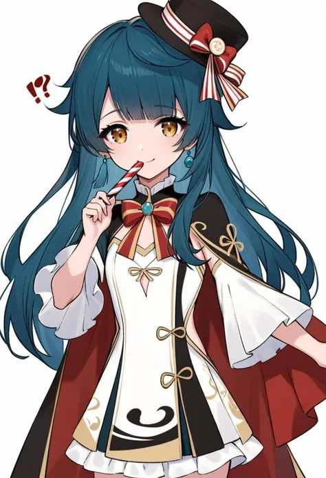 1girl,genderswap (mtf),xingqiu (genshin impact),closed mouth, eating, holding, holding food, looking at viewer, smile, solo, standing,bow, bowtie, brown bow, brown bowtie, brown cape, candy cane, candy hair ornament, cape, food-themed hair ornament, frilled ascot, frills, hair ornament, hat, polka dot, red bow, striped bow, white ascot,!?, simple background, white background,small breasts,earrings,long hair,yellow eyes,blue hair,
masterpiece,best quality,absurdres,<lora:OC-a31-xingqiu-girl:0.8>,