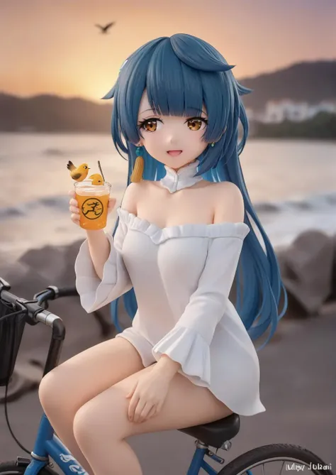 1girl,genderswap \(mtf\),xingqiu \(genshin impact\),blue hair,long hair,earrings,blush, holding, holding cup, looking to the side, open mouth, sitting, smile, solo,bare shoulders, collarbone, off shoulder, shirt, white shirt,artist name, bicycle, bird, blurry, blurry background, dated, feet out of frame, ocean, outdoors, road sign, shore, sign, sunset,
masterpiece,best quality,absurdres,<lora:OC-a31-xingqiu-girl:0.85>,