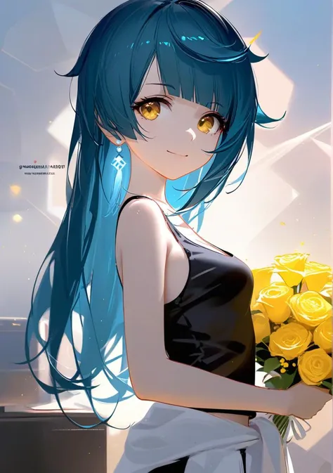 1girl,(xingqiu \(genshin impact\):0.8),(genderswap \(mtf\):1.2),blue hair,yellow eyes,(long hair:1.1),earrings,small breasts,closed mouth,facing viewer,happy,holding,holding bouquet,light smile,looking back,solo,standing,asymmetrical clothes,cleavage,clothes around waist,detached pants,headwear removed,helmet,helmet removed,sleeveless,tank top,english text,glowing,hexagon,light particles,
masterpiece,best quality,absurdres,misaki_kurehito,<lora:OC-a31-xingqiu-girl-v3:1>,(wlop,as109:0.5),(tianliang duohe fangdongye:0.7),<lora:a31_style_koni:1>,