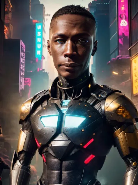 8k UHD, Photo by Nikon camera, masterpiece, (<lora:khaby_lame:1> Khaby Lame, Khaby's Iconic Move, Khaby's Iconic Face), watching viewer, 8k unreal engine render, cyberpunk, tech armor, glowing armor, neon armor, power armor, mechanical parts, tech parts, cyborg, robot, technological city full of neons, cyberpunk city, neon city, glow, action shot, detailed eyes, very vivid lighting, detailed, (vibrant, photo realistic, realistic, dramatic, dark, sharp focus), <lora:Cyberpunk_style:0.75> Cyberpunk Style, <lora:more_details:0.8>, <lora:improve_backgrounds:0.75>