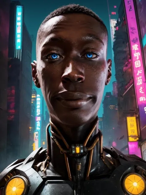 8k UHD, Photo by Nikon camera, masterpiece, (<lora:khaby_lame:1> Khaby Lame, Khaby's Iconic Move, Khaby's Iconic Face), watching viewer, 8k unreal engine render, cyberpunk, tech armor, glowing armor, neon armor, power armor, mechanical parts, tech parts, cyborg, robot, technological city full of neons, cyberpunk city, neon city, glow, action shot, detailed eyes, very vivid lighting, detailed, (vibrant, photo realistic, realistic, dramatic, dark, sharp focus), <lora:Cyberpunk_style:0.75> Cyberpunk Style, <lora:more_details:0.8>, <lora:improve_backgrounds:0.75>