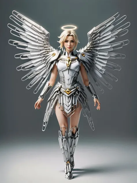 <lora:Paperclips_Style_SDXL:1.2> realistic photo of a woman as Mercy from Ovewatch wearing armor of ais-paperclips, skirt of ais-paperclips, wings made of ais-paperclips