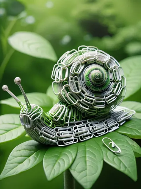 a helix snail made completely out of ais-paperclips, sat on a green leaf, in the garden <lora:Paperclips_Style_SDXL:1>