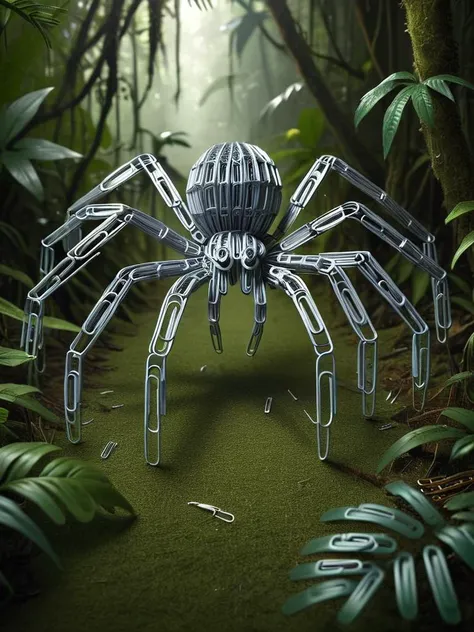 a spider made out of ais-paperclips, sat on an ais-paperclips web, in the jungle <lora:Paperclips_Style_SDXL:1>