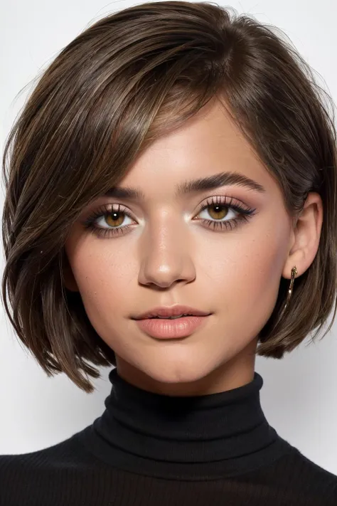 Best quality, masterpiece, ultra high res, (photorealistic:1.4), closeup portrait, IsabelaMerced, (brown eyes:1.2), (straight bob haircut:1.2), wearing a red turtleneck, <lora:IsabelaMerced:1>