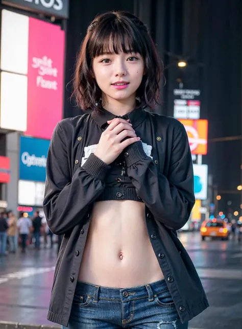 best quality, photorealistic, 8k, high res, 1girl, woman, (skindentation), (portrait:0.6), gorgeous, ((neon light, time square, cityscapebackground:1.65)), ((denimpants with pinksweater:1.75)), straight-looking at viewer:1.8, (1girl eyes looking at viewer, short-length straighthair, black hair, partedhair:1.75), photorealistic, (bokeh), (smile:1.2), (closed mouth:0.56), gorgeous, pureerosface_v1, <lora:GRAV-hazuki:0.65>